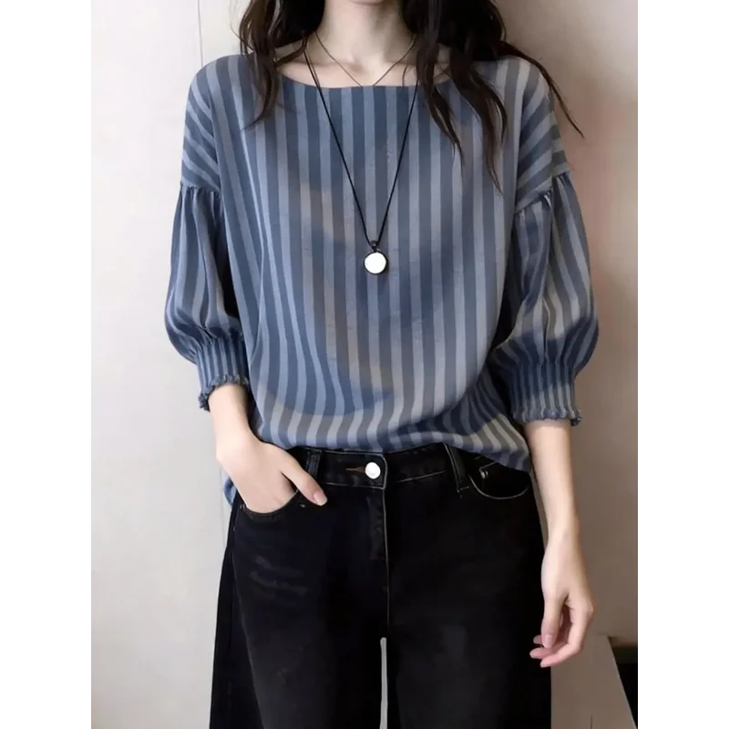 Women Boat Neck Vertical Striped Blouse Puff Elastic Cuff Three Quarter Sleeve Loose Casual Top