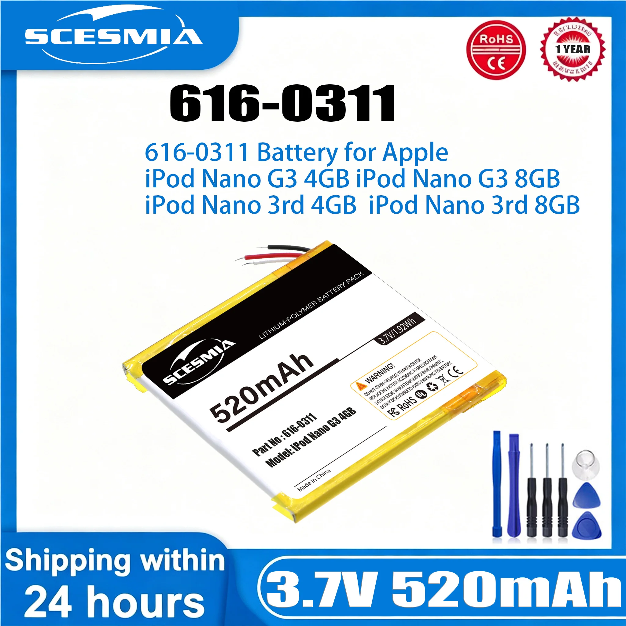 616-0337 Replacement Battery for Apple Ipod Nano 3 3G 3rd 3Gen Generation 3TH MP3 A1236 Nano3 Battery + Free Tools