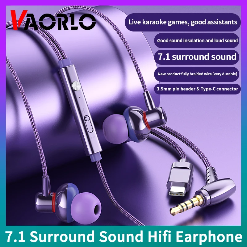 7.1 Surround Sound Hifi Wired Earphone 3.5mm AUX & Type-C With HD Mic IPX7 Waterproof Sport Gaming Living Streaming Music Earbud