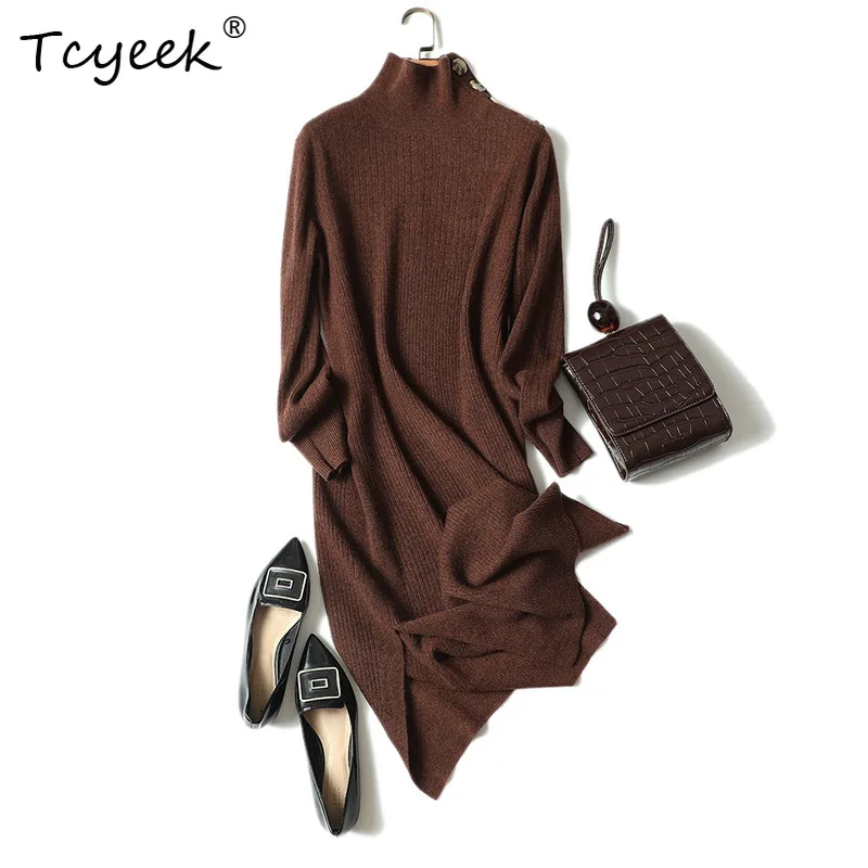 

Tcyeek, элегантные платья из 100% чистого кашемира, женские однотонные платья с высоким воротником, трикотажное платье OL для поездок на работу, осень-зима 2024, D47948QM