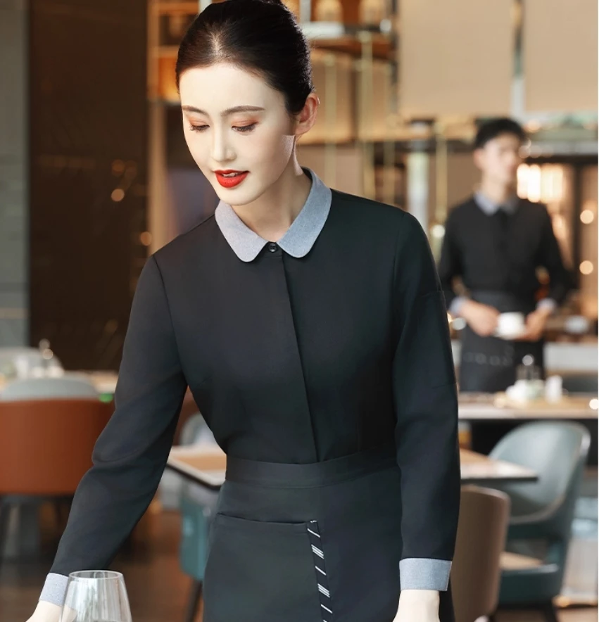 Uniforme de serveur de Restaurant à manches longues pour femmes, chemise de serveuse de café, Service alimentaire, vêtements de travail, salopette de restauration