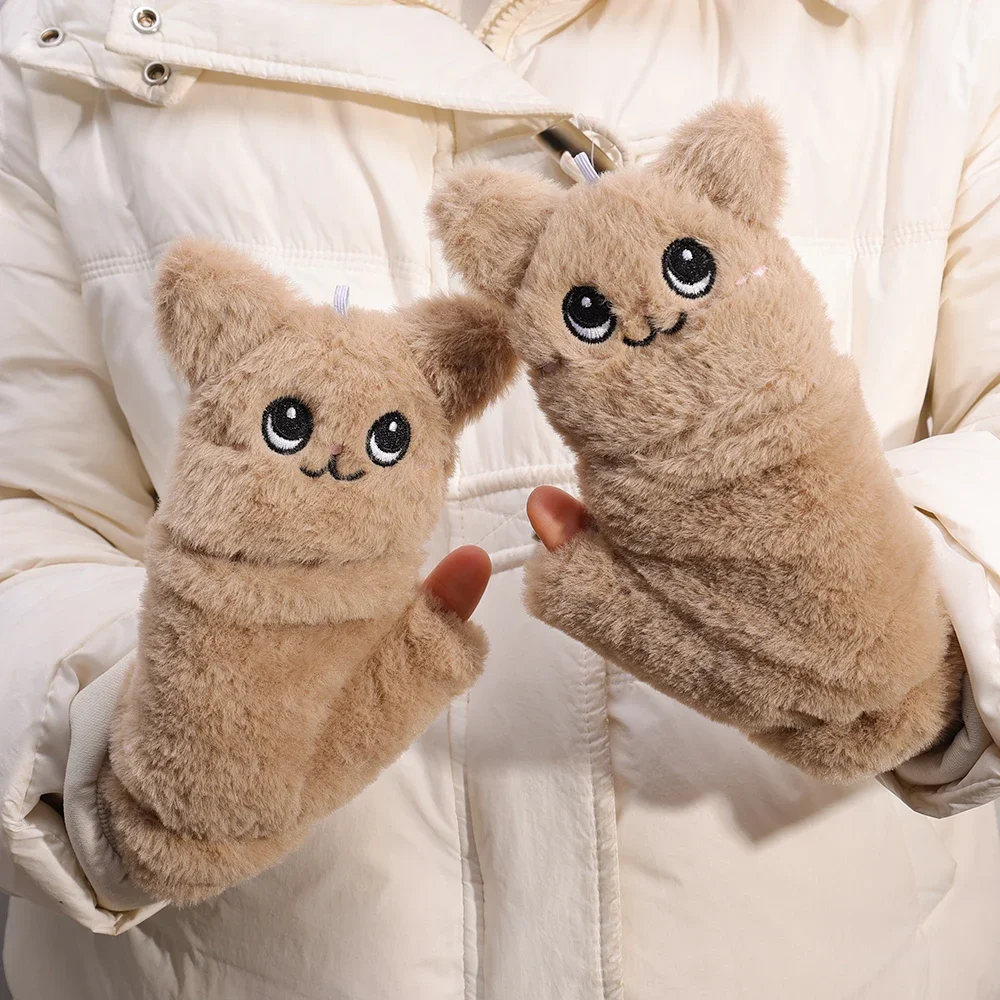 Cute Animals Fur Mittens Winter Warm Gloves for Women Girls Ear Flip Mitten Plush Glove Fingerless Thicken Glove Finger Exposed