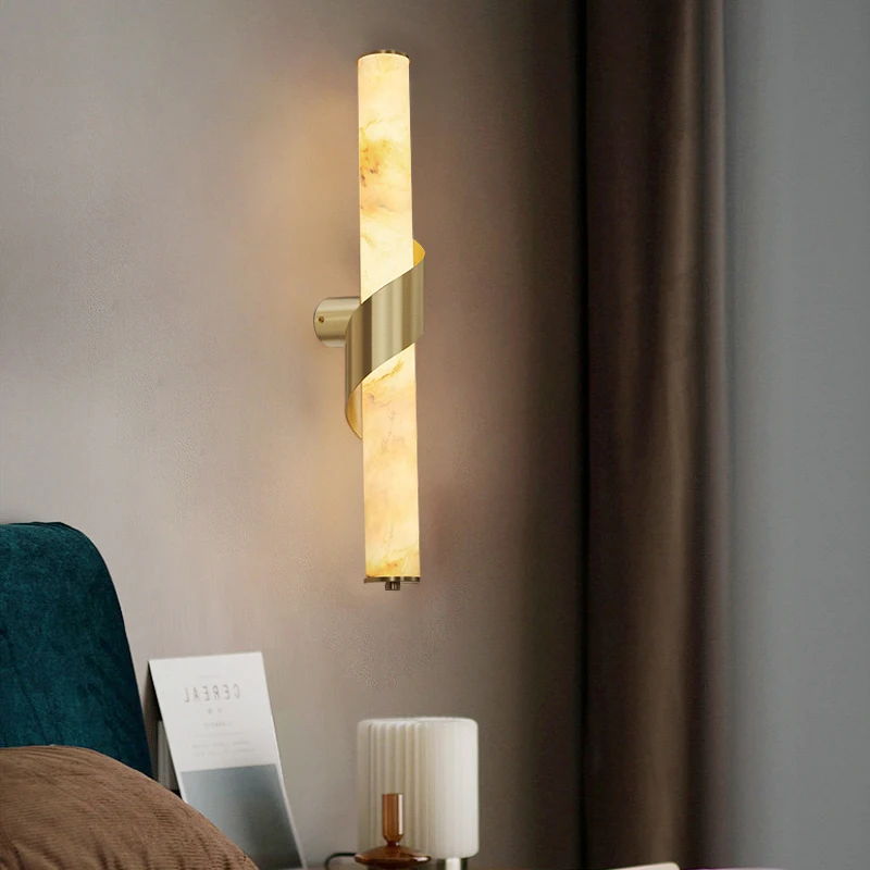 Simple Cylindrical Spanish Natural Marble Wall Lamp Background Wall Corridor Living Room Bedroom Headboard All Copper Wall Lamp