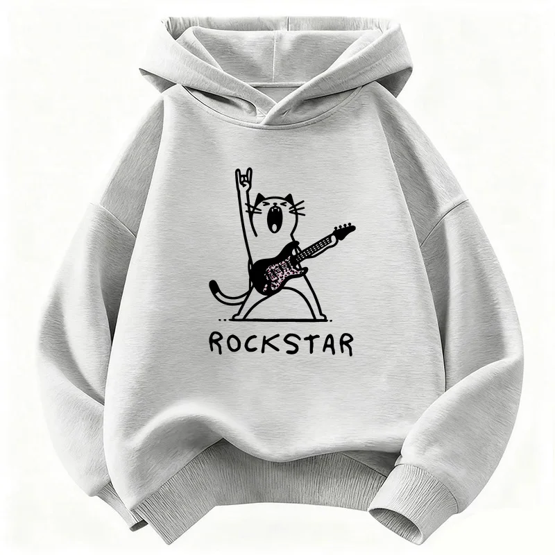 Vintage Rockstar mit Musik-Katzen-Design Hoodie Kinder Katzen-Sweatshirt Kapuzenpullover für Jungen Mädchen Hip-Hop Casual Hoodies