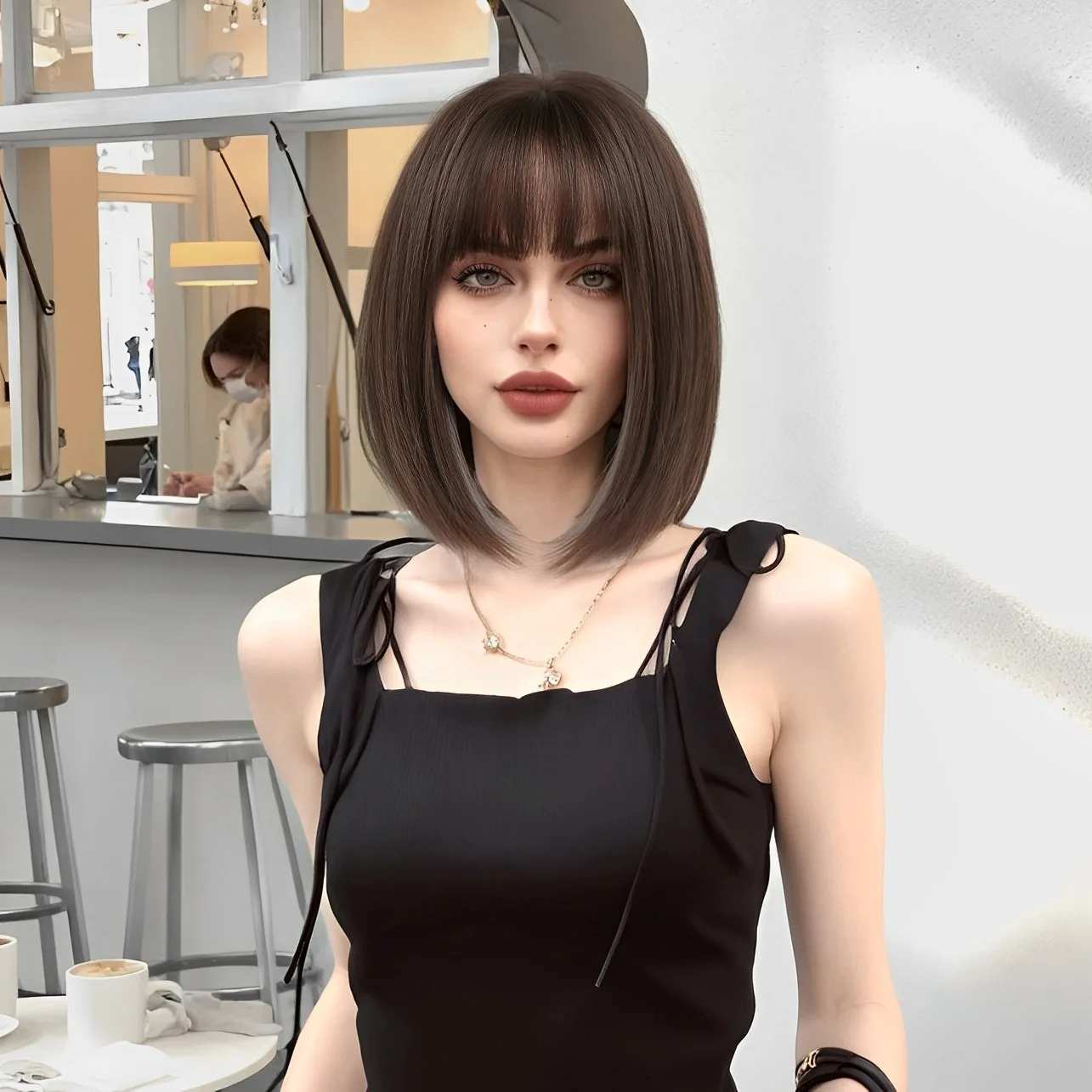 

Women's short hair Korean clavicle method head linen brown gray hanging ear dye natural mechanism chemical fiber hair women
