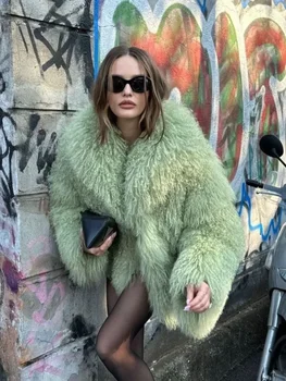 Image Chic Green Oversized Plush Women's Fur Coat Elegant Soft Warm Long Sleeves Loose Jackets Winter New Ladies Chic 2024 Streetwear