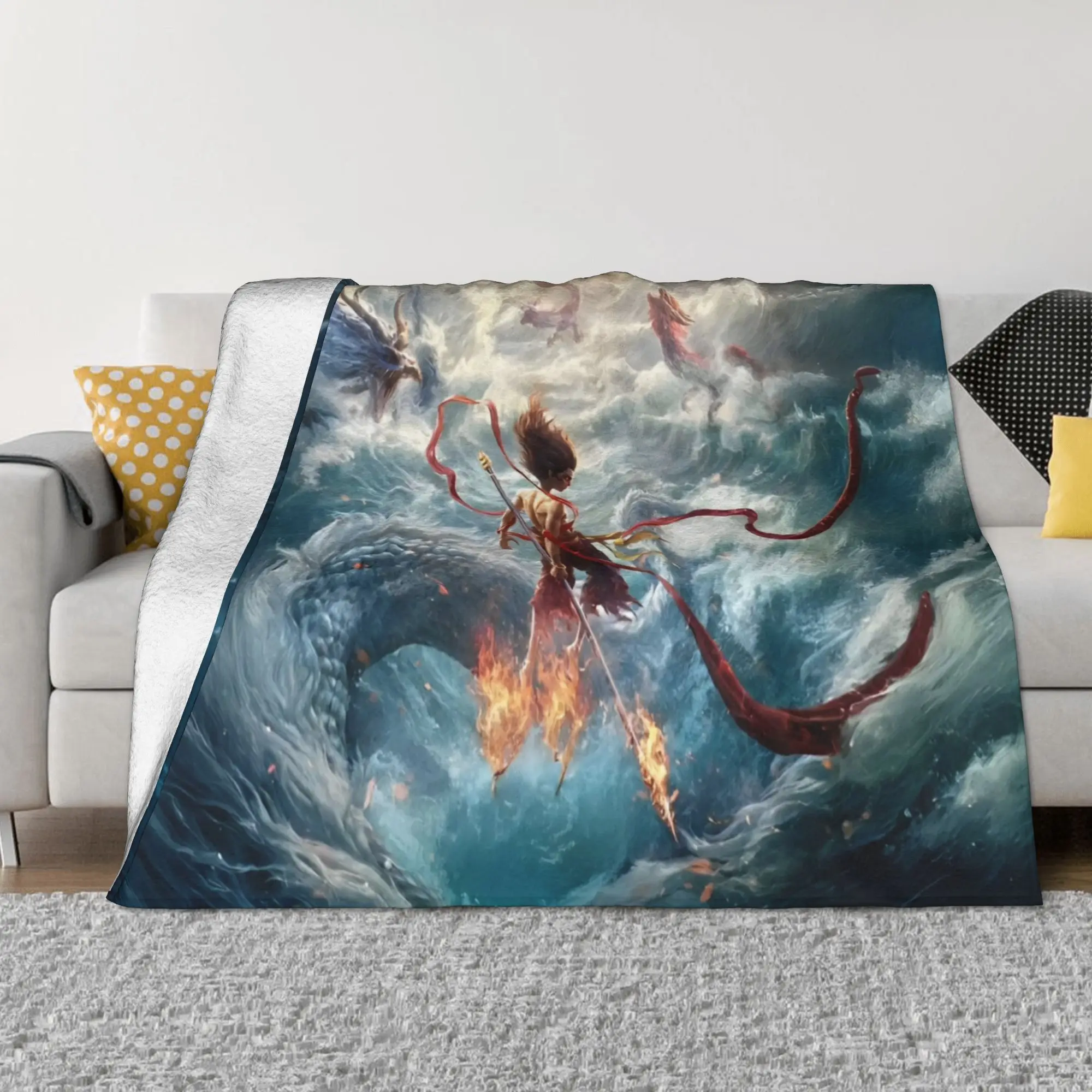 Nezha Birth Of The Demon Child Blanket Ne Zha Cartoon Movie Flannel Funny Warm Throw Blankets for Coverlet Summer