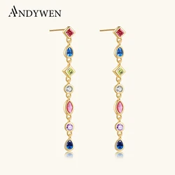 ANDYWEN 925 Sterling Silver Gold Rainbow 38cm Long Chain Drop Earring Women Fashion Fine Jewelry For Wedding Luxury Jewels