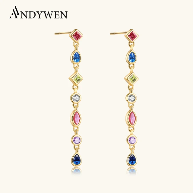 ANDYWEN 925 Sterling Silver Gold Rainbow 38cm Long Chain Drop Earring Women Fashion Fine Jewelry For Wedding Luxury Jewels