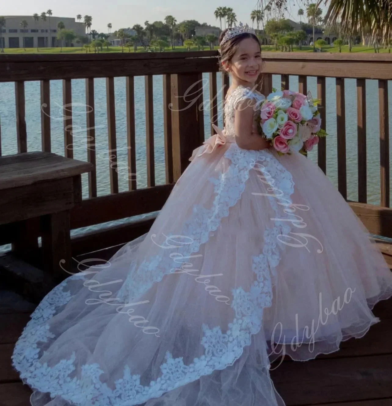 

Customized Flower Girl Dress With Bow Girls Party Dress Tiered Lace Tulle Little Girls Long Train Wedding Party Pageant Gowns