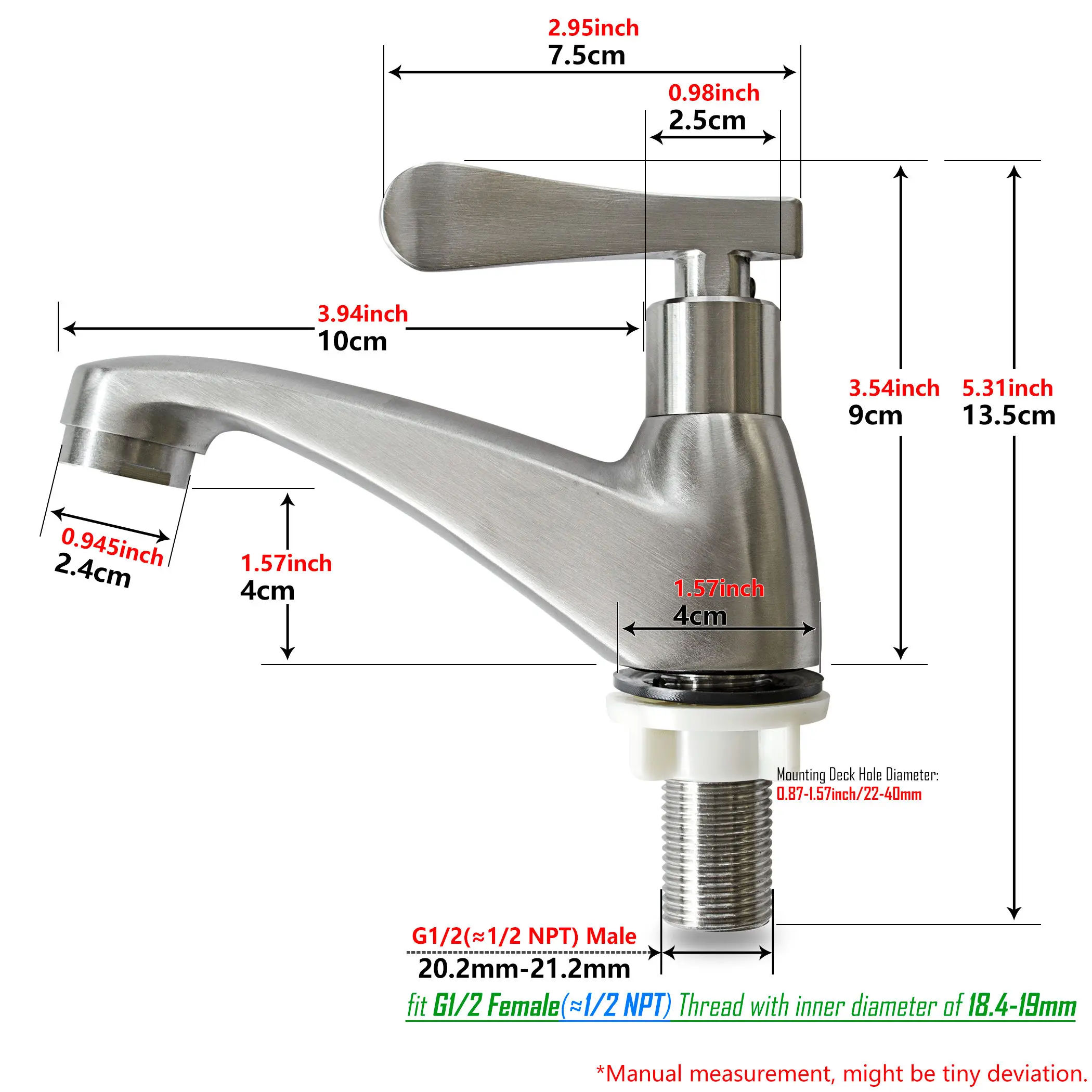 Deck Mount One Hole Cold Water Only 304 Stainless Steel Bathroom Sink Faucet Tap Spout