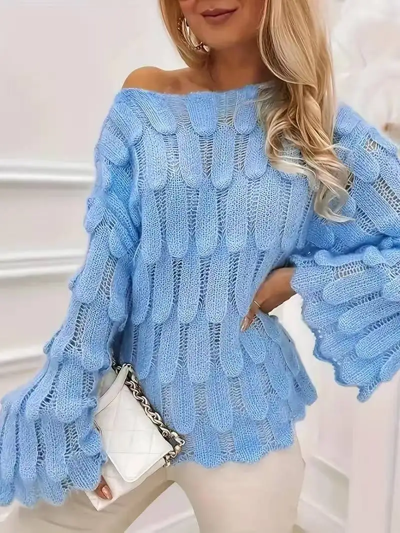 Autumn Winter Chic Feather Textured Hollow Out Knit Sweater Women Elegant Stylish Long Flare Sleeve Slouchy Versatile Loose Pull 2 Autumn Winter Chic Feather Textured Hollow Out Knit Sweater Women Elegant Stylish Long Flare Sleeve Slouchy Versatile Loose Pull 2