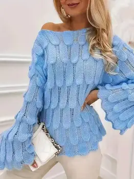 Women's Feather-Textured Hollow-Out Knit Sweater 2 Autumn Winter Chic Feather Textured Hollow Out Knit Sweater Women Elegant Stylish Long Flare Sleeve Slouchy Versatile Loose Pull 2