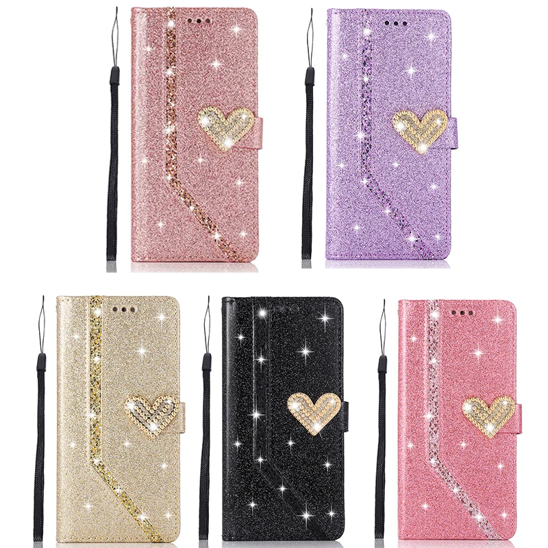 Shiny Case For Samsung Galaxy S24 Plus S23 S22 S21 FE S20 Ultar S10 A12 A13 A14 A52 A53 A34 A54 A73 Wallet Flip Leather Case