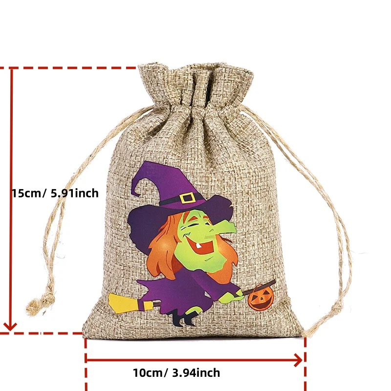 4pcs/8pcs/12pcs Halloween Linen Bun Storage Bag Halloween Pattern Candy Gift Packaging Bag Linen Drawstring Bag