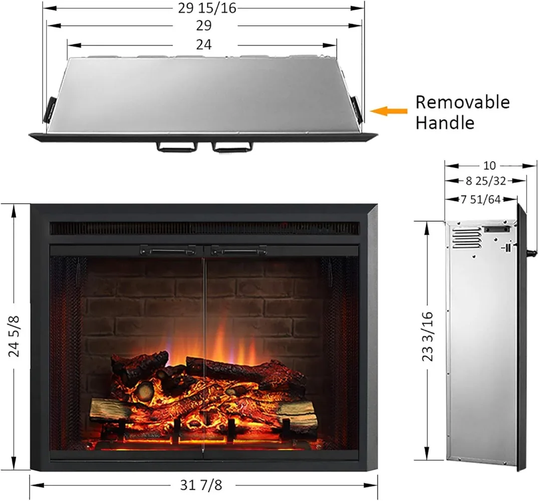 Klaus Electric Fireplace Insert with Fire Crackling Sound, Glass Door and Mesh Screen, 750/1500W, Black, 29 15/16 Inches