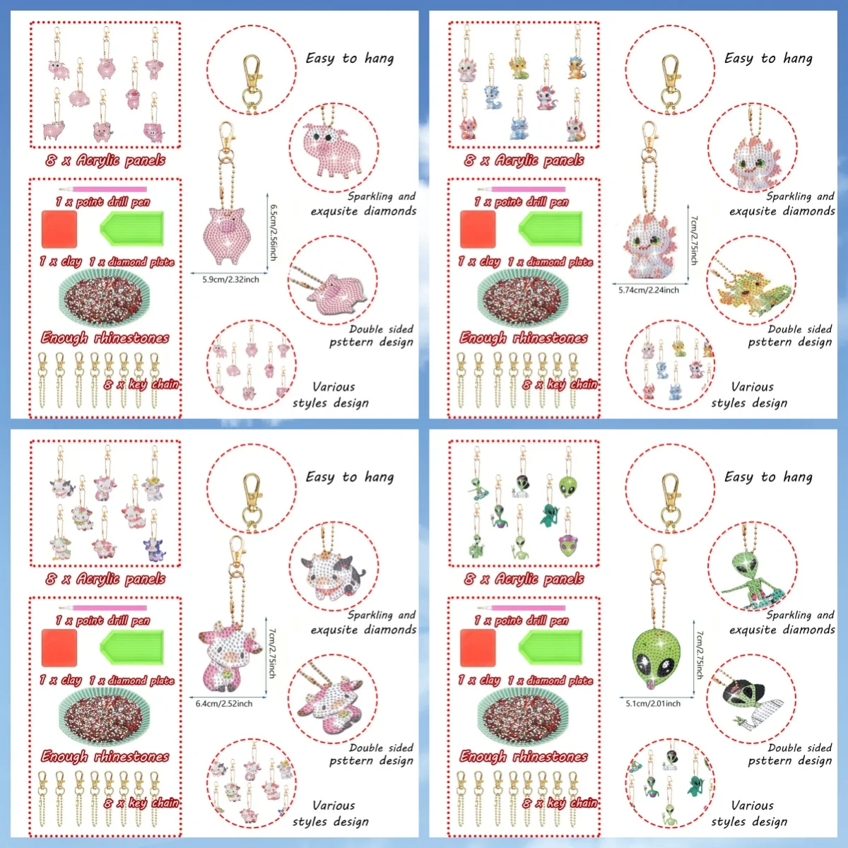8 أطقم تزيين سلسلة مفاتيح مطلية بالألماس الكريستالي على الوجهين والخنزير والخنزير والتنين والعجل #2
