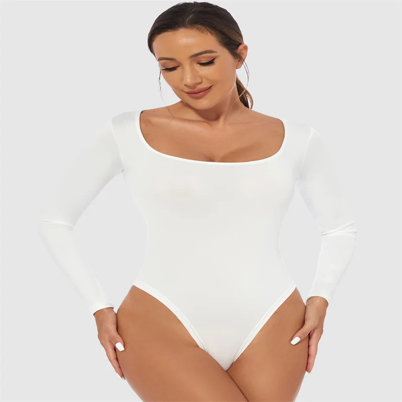 Jumpsuit Long Sleeve Women's Shaping Streetwear Tight Square Neck Crotch Protector Basic Black Sport Fit Shapewear