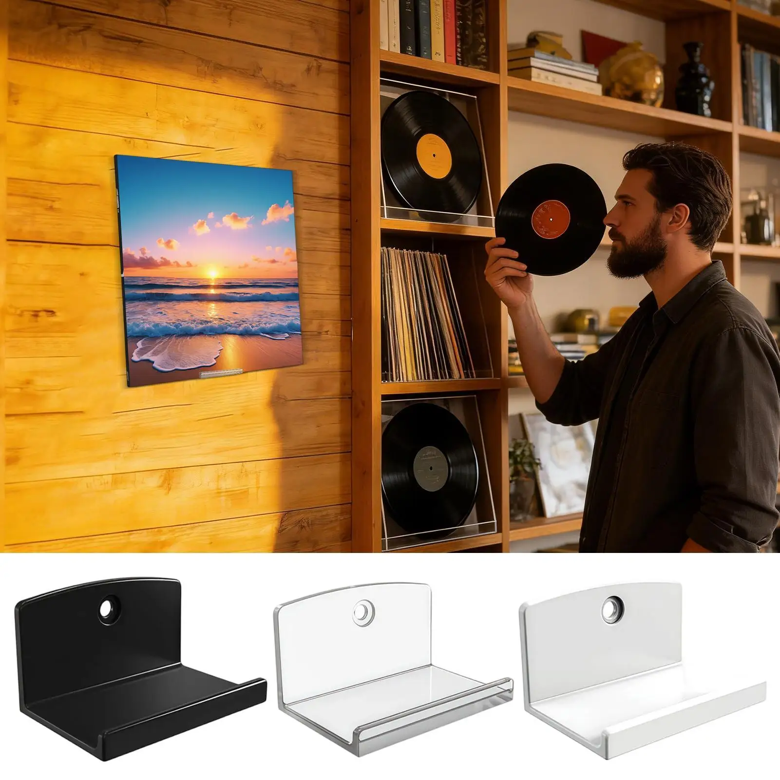 4pcs Acrylic Record Shelf Clear Vinyl Record Wall Mount Display Rack for LP Album Cover Storage Living Room Bedroom Office Decor