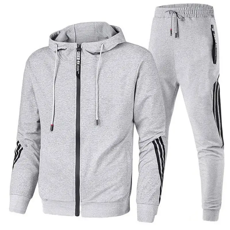 New Men\'s Spring And Autumn Sports Suit Casual Running Hooded long-Sleeved Coat Striped Trend Fashion Two-Piece Set