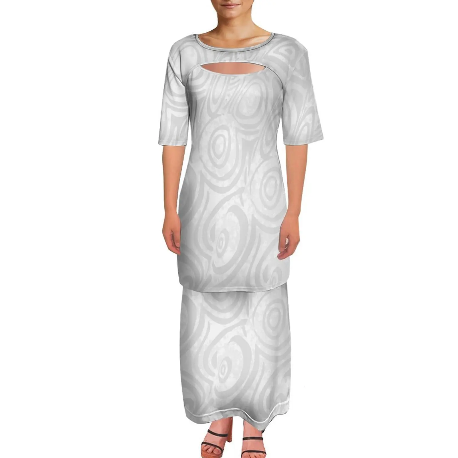 Summer Vacation Two-Piece Open-Neck Design Women'S Suit Skirt Polynesian Custom Puletasi White Sunday Elegant Long Dress