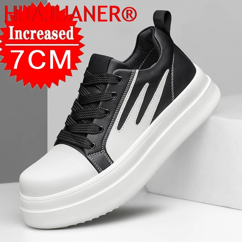 Men Elevator Shoes 7cm Hidden Heel Cowhide Leather Casual Footwear Thick Platform Sole Invisible Heightening Versatile Sneakers