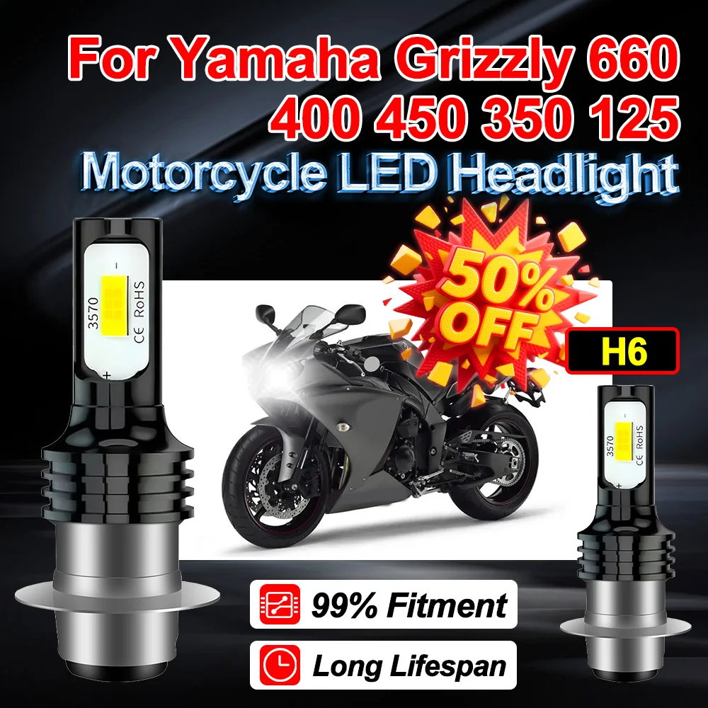 

1X 2X H6 BA20D For Yamaha Grizzly 660 400 450 350 125 20000LM Motorcycle LED Headlight Ampoule 150W Hi-Lo Beam Auxiliary Light