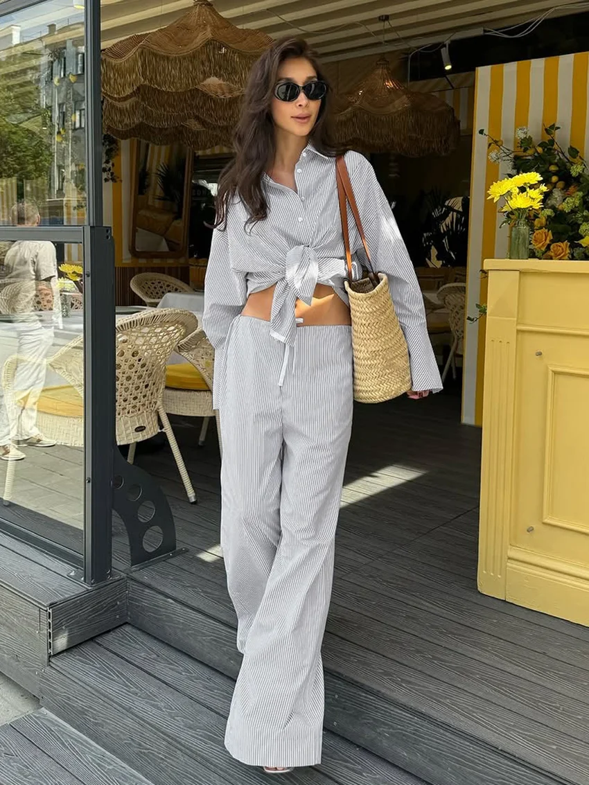 

Marthaqiqi Striped Female Nightgowns Suit Long Sleeve Sleepwear Turn-Down Collar Pajamas Pants Casual Women Nightwear Set Winter