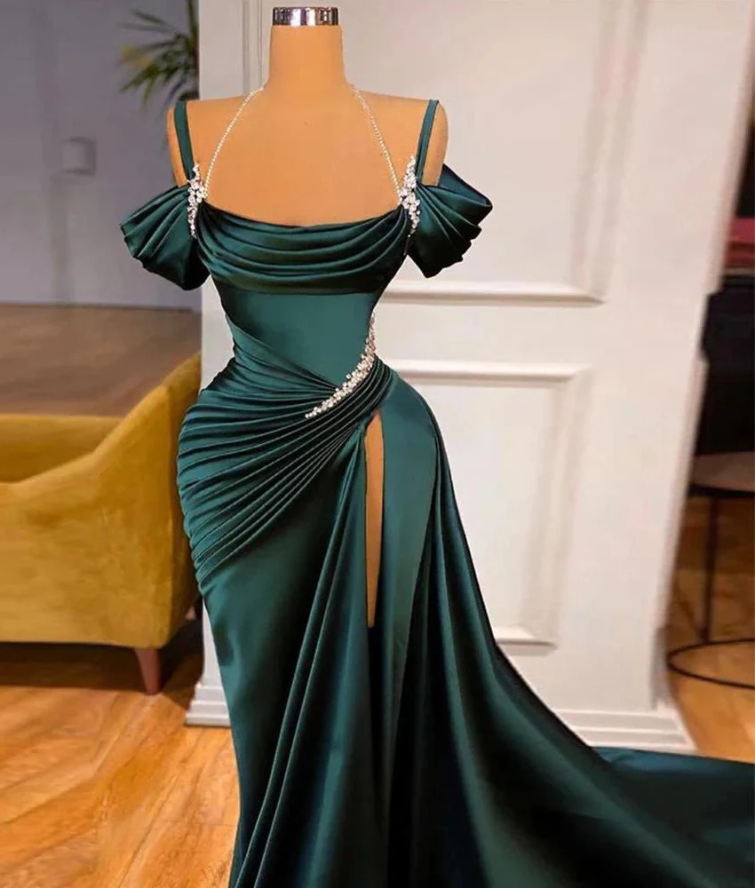 

Customized Delicate Satin Mermaid Spaghetti Straps Beading Crystal Evening Dress Sexy Short Sleeves Strapless prom dresses