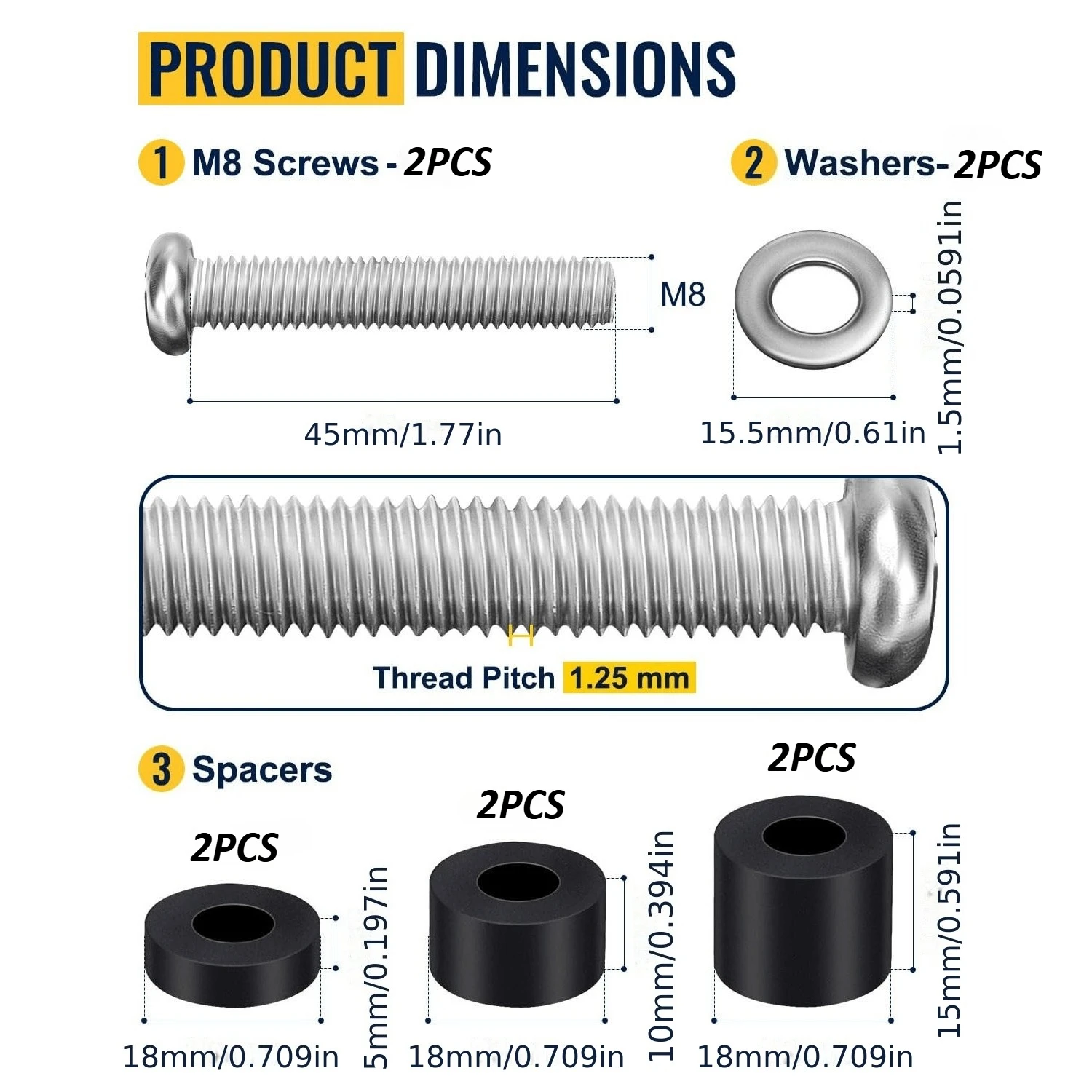 GUOSUNDA 10-Piece Set of M8 TV Bracket Screws, 304 Stainless Steel, Extra-Long Adjustable Wall-Mounted Screws, Length 13.5mm-45m