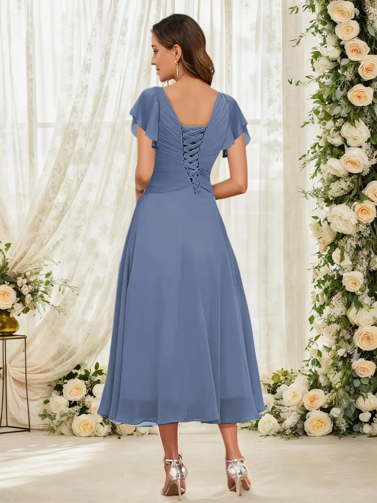 Tea Length Chiffon Mother of Bride Dress for Wedding Beaded Ruffle Sleeve Ruched Formal Evening Gowns