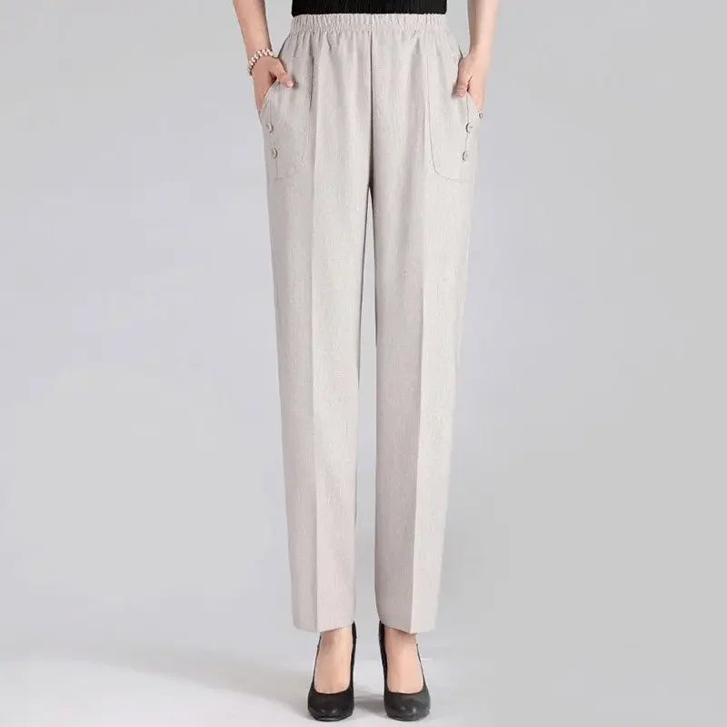กางเกงขายาวผู้หญิงเอวสูงผ้ายืดบาง รุ่น W2231 กางเกงผู้หญิงวัยกลางคน ฤดูใบไม้ผลิ ฤดูร้อน ทรงหลวม กางเกงผ้าฝ้ายลินินทรงตรงสำหรับคุณแม่