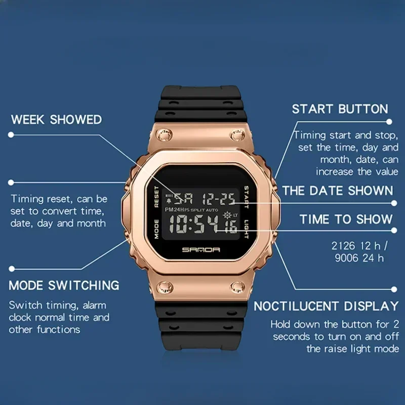 SANDA Digital Watch for Men	Waterproof Sports Whatches Military Quality Electronic Wristwatches Clock Women Fashion Couple Gifts