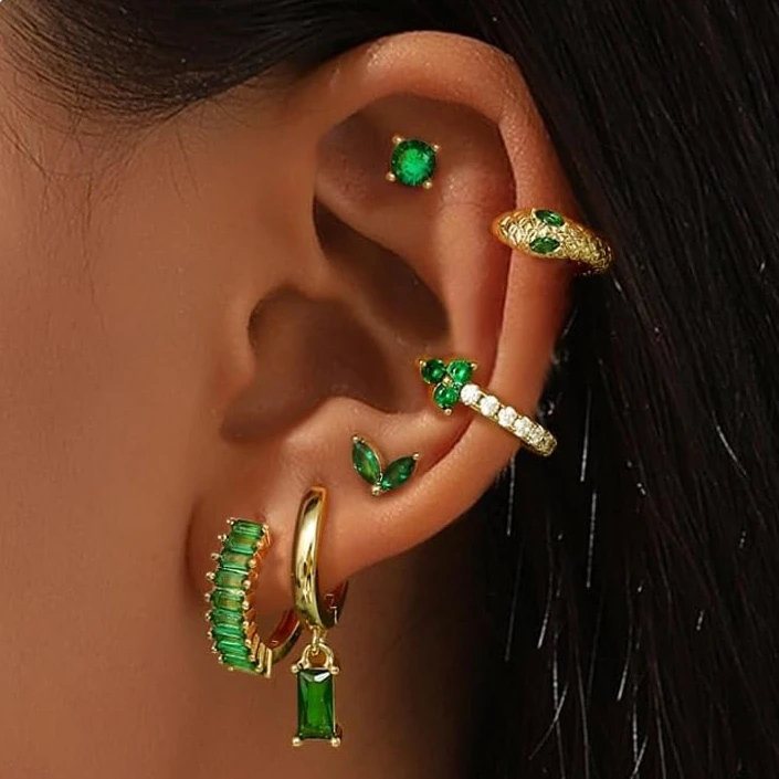 

Florideco 6 Pairs 14K Gold Plated Hoop Earrings for Women Emerald Green Earrings Dainty Earrings Stud Sets for Multiple Piercing