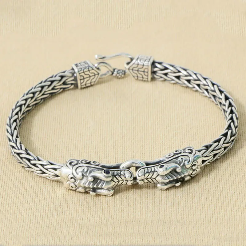 S925 Sterling Silver Vintage Thai Silver Men's Leading Bracelet China-Chic Fashion Men's Hegemonic Weaving Rough Creative Bracel