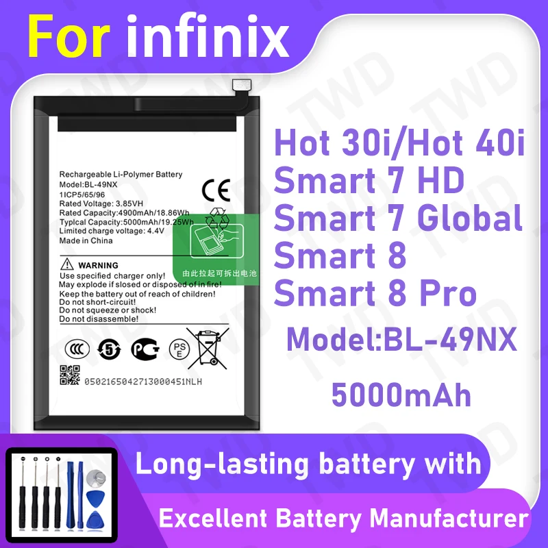 

5000mAh BL-49NX Battery For infinix Hot 30i/Hot 40i/Smart 7 HD/Smart8 Replacement Bateria+Free Tools