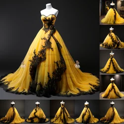 Yellow and Black Lace Applique Tulle Strapless Ball Gown Full Length Evening Formal Party Prom Dress Hand Made Customized W2-11