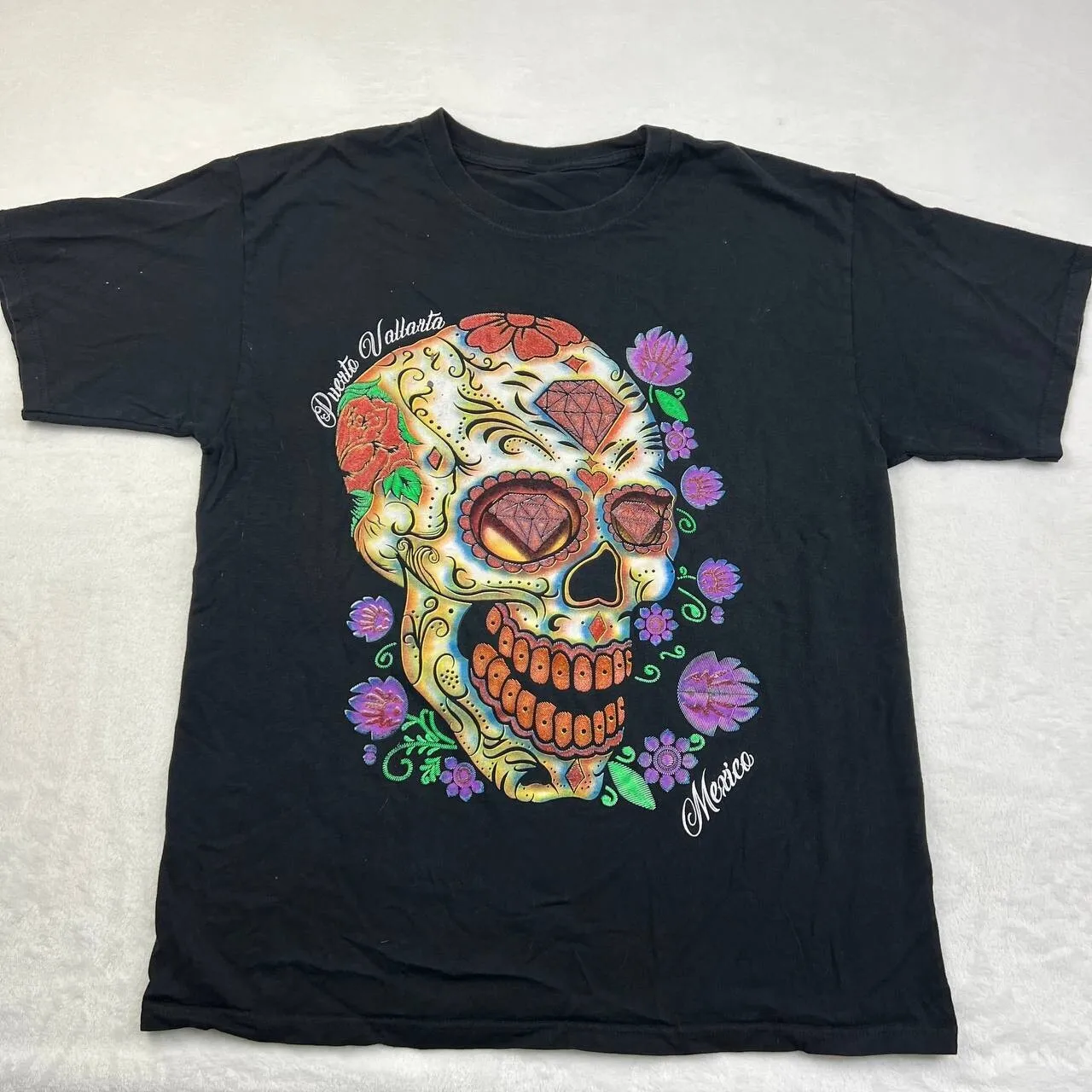 Camisa con logotipo floral de calavera de Puerto Vallarta para hombre, talla mediana, negra, manga corta, M