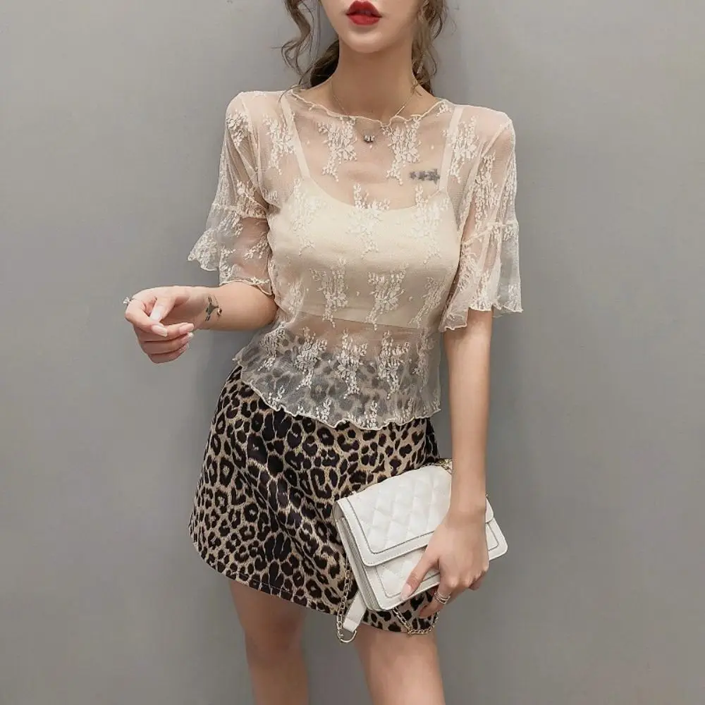 New Chiffon with Hollow Out Lace Backing Shirt See Through Short Sleeve Half Sleeve Blouse Mesh Top Summer - Image 3