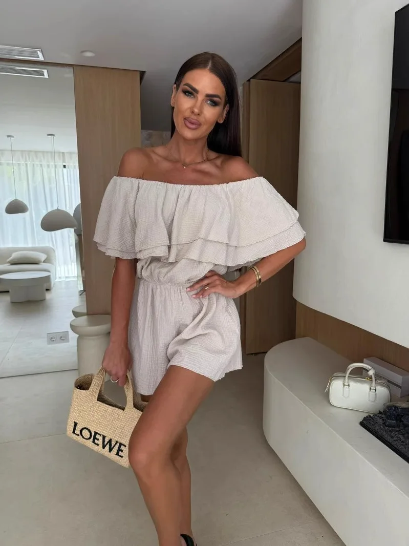 

Двухслойные брюки с открытыми плечами, женский комбинезон с низкой талией и длинными штанинами, кружевной подол с цветочным принтом, удобный полиэстер