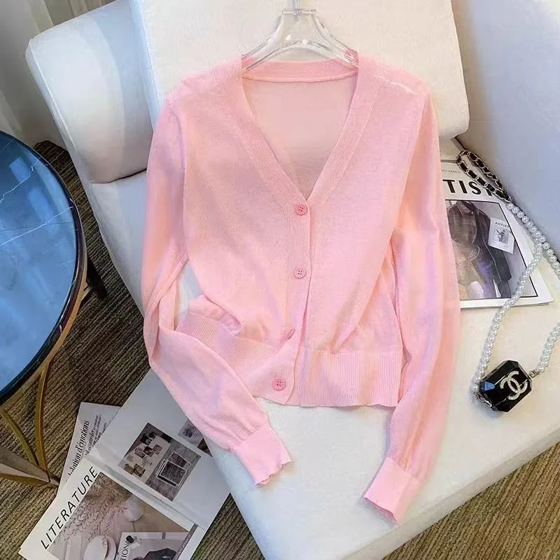 Women Knit Cardigan V Neck Ice Silk Jersery Ice Silk Sweater Casual Solid Color Suncreen Korean Fashion Style New Shirt