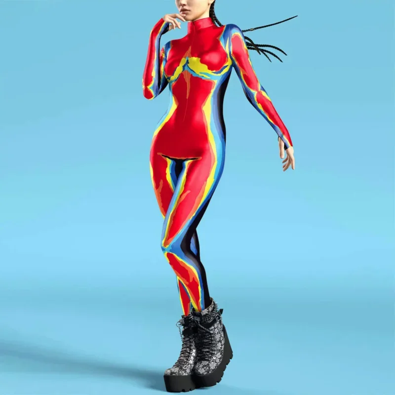 ผู้หญิงซิปผู้ใหญ่Jumpsuitเสื้อผ้าเนื้อสีสัน 3Dพิมพ์Zentaiบอดี้สูทThumbแขนคอสเพลย์เครื่องแต่งกายฮาโลวีนเครื่องแต่งกาย