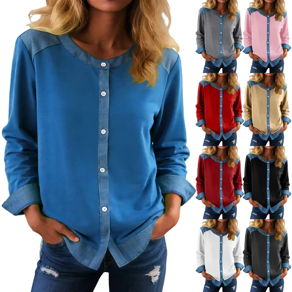 

New Long Sleeve Shirt Womens Patchwork Contrast Color Button Down Shirts Korean Style Round Neck Tops And Blouses Camisas