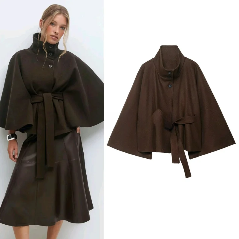 

Новое осеннее женское свободное пальто в стиле ретро с простым воротником-стойкой и длинным светом с поясом, шерстяное пальто длиной, полиэфирное волокно 00%