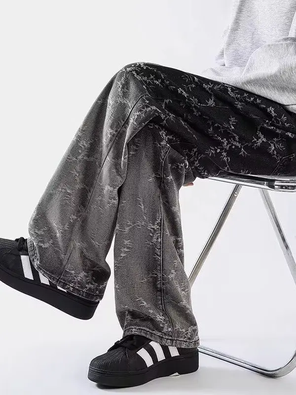 

aduated Floral Embroidery Men's Jeans Spring Waed Vintage Straight Leg Slimming Long Trousers American High Street Sle