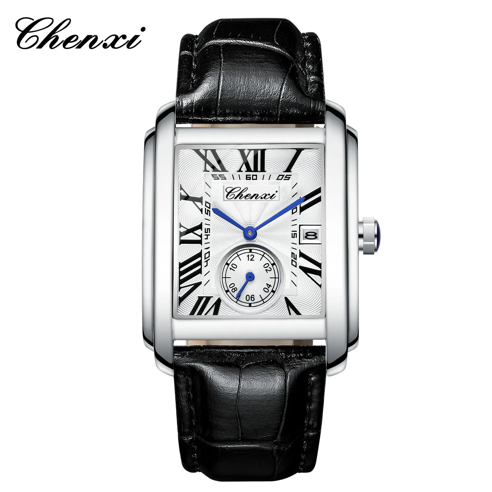 Chenxi 8216 Top-Marke Rechteckige Sportuhr für Herren Bestseller Militär-Kalender Wasserdichte Echtleder-Quarzuhr Elegante Armbanduhr