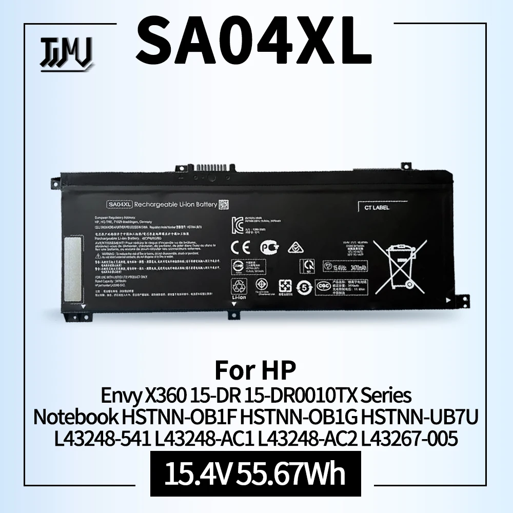 Batería de laptop SA04XL compatible con HP Envy X360 15-DR 15-DR0010TX Series Notebook HSTNN-OB1F HSTNN-OB1G HSTNN-UB7U L43248-541 L43248-AC1 L43248-AC2 L43267-005 SAO4XL