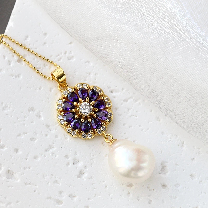 

Authentic 925 Sterling Silver Pendant Inlaid Purple Zircon Natural Baroque Pearl Fashion Lady Pendants Dating Party Jewelry Gift