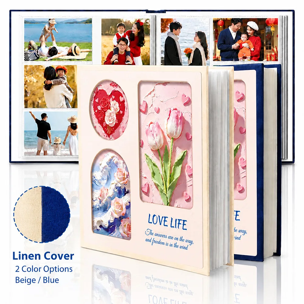Cloth Illustrated Photo Album 500 Pockets 6 Inch, Flower Seaside Stream Theme for Wedding Travel Baby Family Home Decor