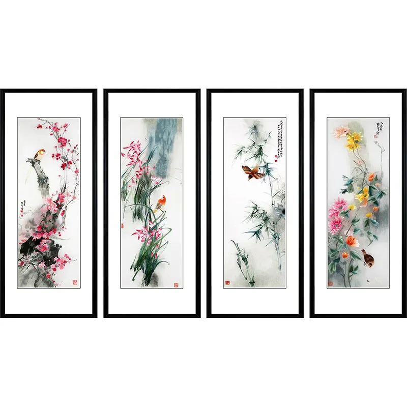 Pure handmade joint screen embroidery flower and bird landscape four screens